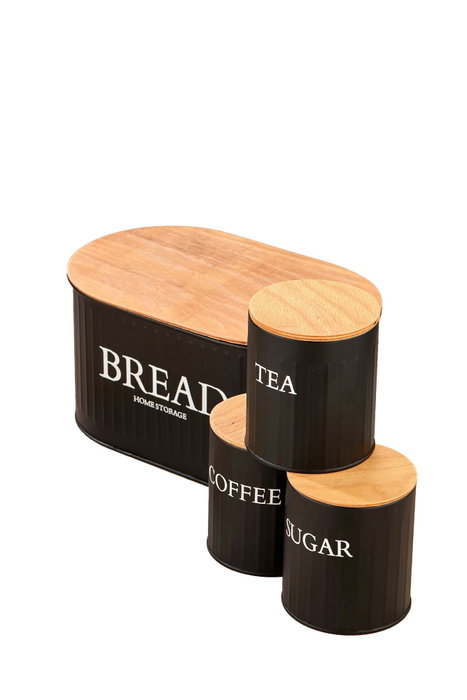 Hermia Juego de 4 Cajas de Almacenamiento de Metal con Tapas de Madera, Negro Hermia Juego de 4 Cajas de Almacenamiento de Metal con Tapas de Madera, Negro